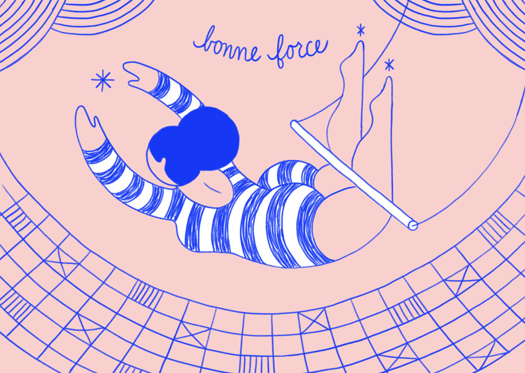 Pink and reflex blue artwork: a trapeze artist swings above the net, wearing a striped unitard. Bonne force.