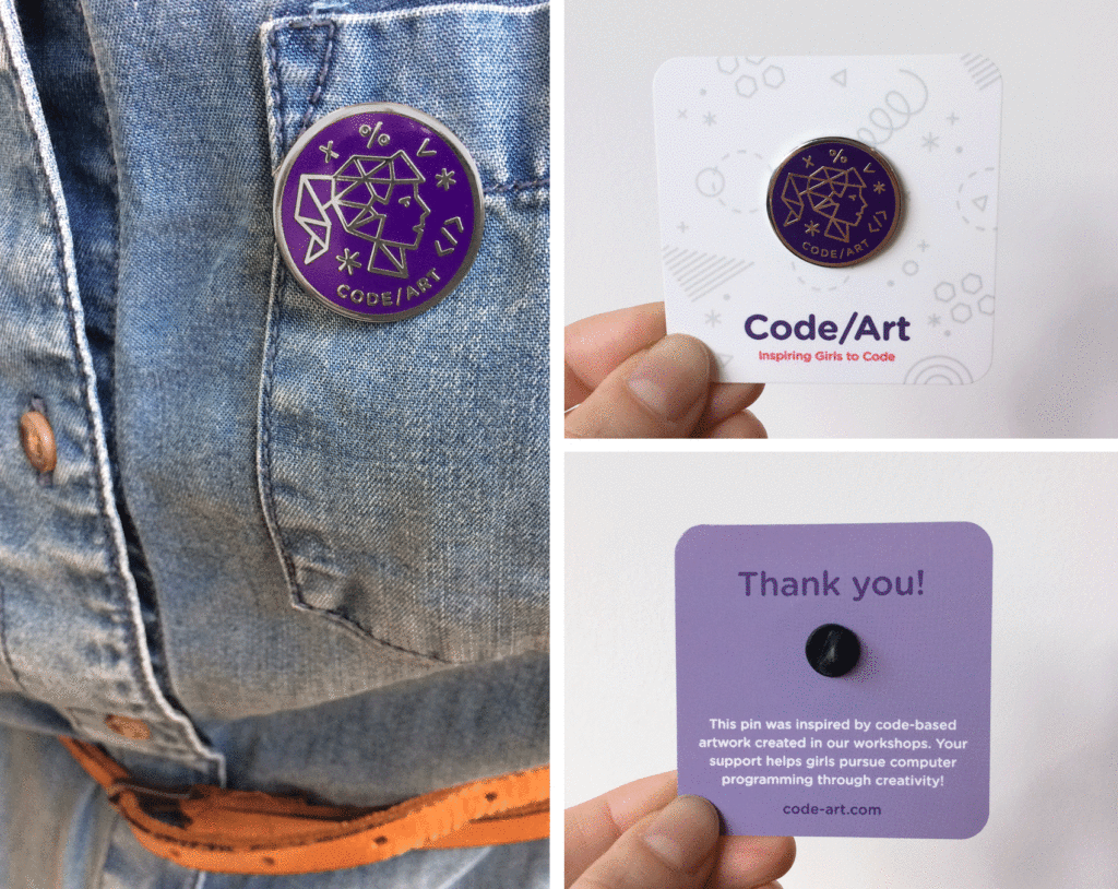 Code/Art donor pin inspired by participant art - featuring a constellation portrait of a young girl.