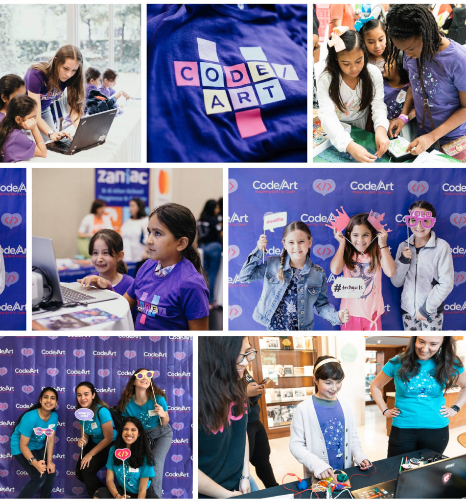 Girls in STEAM - Code/Art participants and teachers work on projects and take pictures in front of their photo booth.