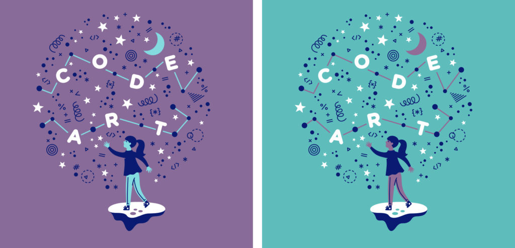 Code/Art t-shirt design with a girl throwing code snippets into the sky to form a Code/Art constellation. 