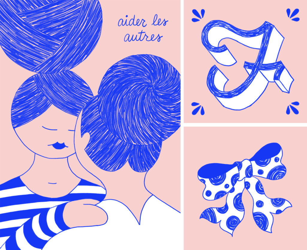 Pink and reflex blue artwork: two women supporting each other, with lots of sketched texture in their hair buns. F is for Femme (vintage drop cap) and a polka dot bow.