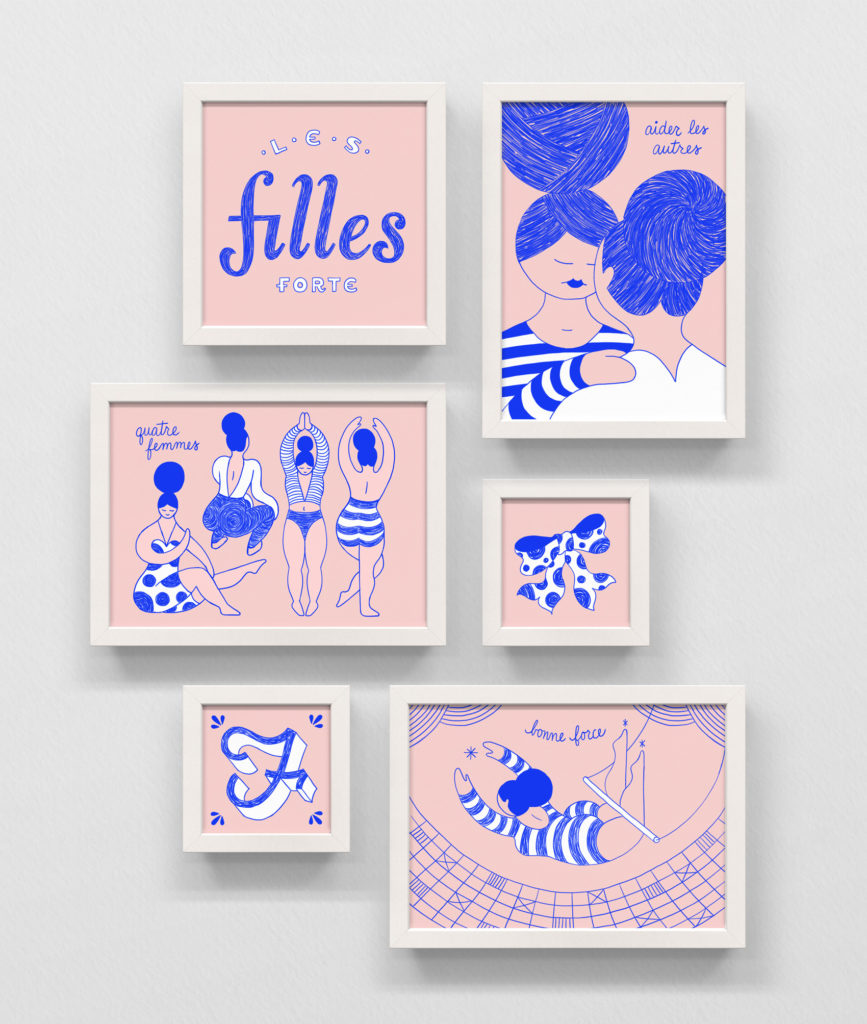 Frame series of pink and reflect blue illustrations in ballpoint ink / sketched digital pencil. Several women dancing and stretching, a trapeze artist, F is for Femme, and two woman supporting each other.