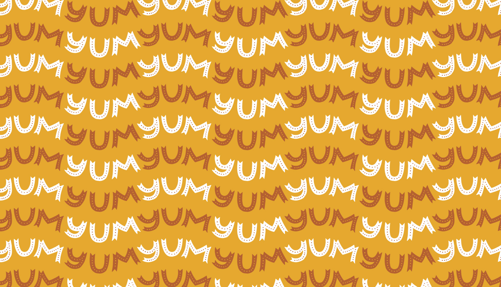 Overall YUM YUM YUM pattern in waves, hand lettered bright lights typography.