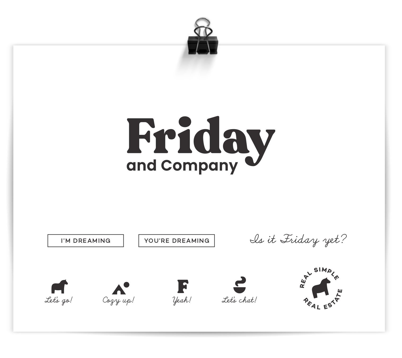 Friday and Company logo with text styled buttons, font selections, and a series of small icons including a dala horse "real simple real estate" badge.