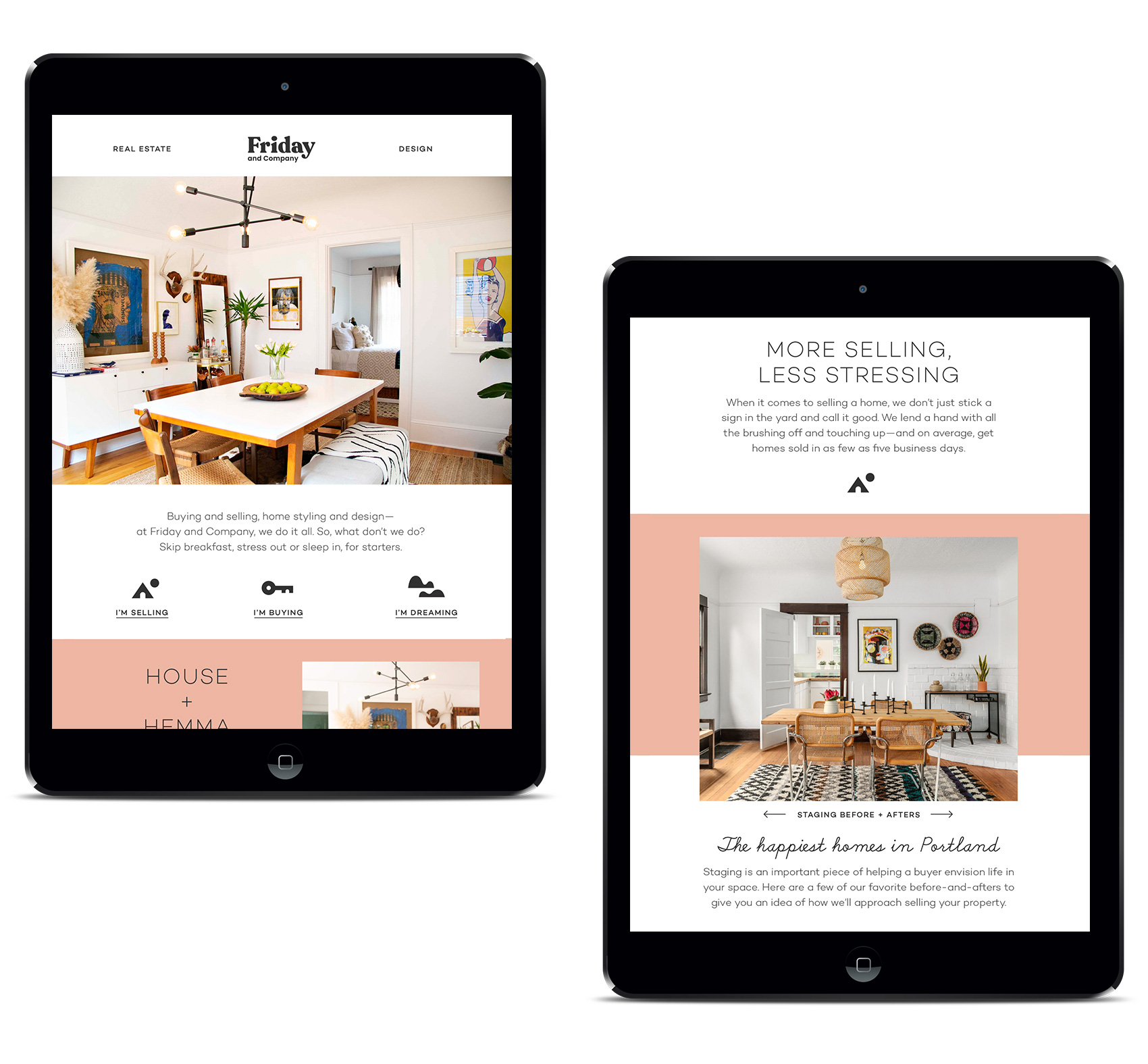 Friday and Company website design for homepage and seller flow page. Staging houses for a sale makes a huge difference in time on the market and buyer impression.