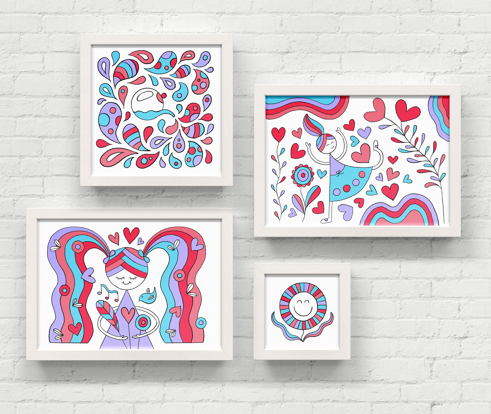 Series of hand drawn illustrations in rainbow colors: a watering can splashing droplets of water, a girl running through a flower heart flurry, a girl with pigtails holding a bouquet, and a happy flower face.