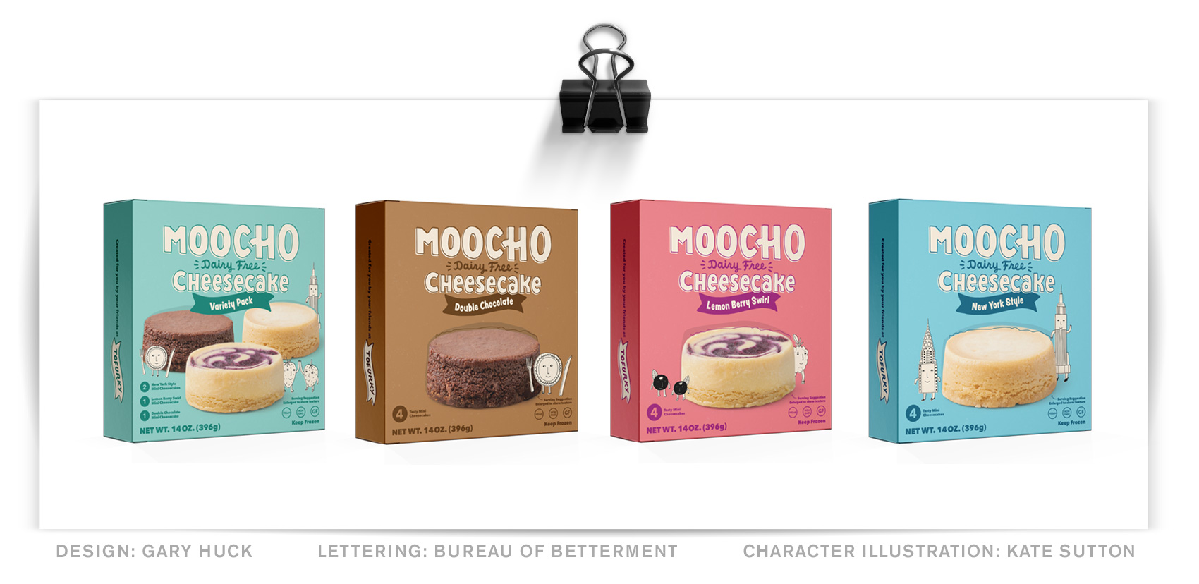 Series of four Moocho Cheesecake packaging boxes (design: Gary Huck) with a hand lettered MOOCHO word mark and product title and flavor.