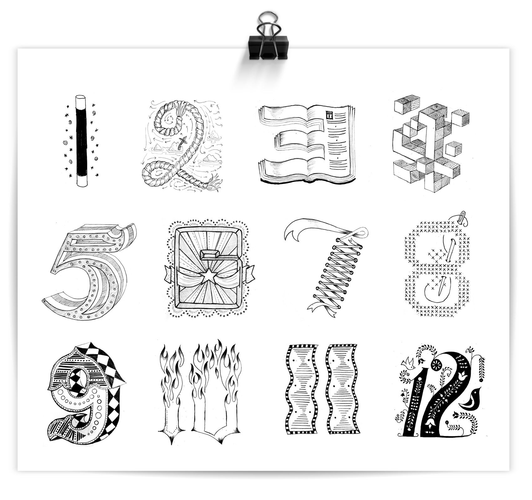 sketches of hand drawn numbers with distinct personalities, No. 1-12