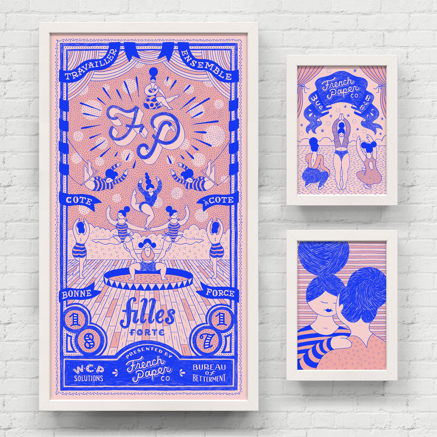 Trio of framed posters, blue ink on pink paper, of french circus performers.