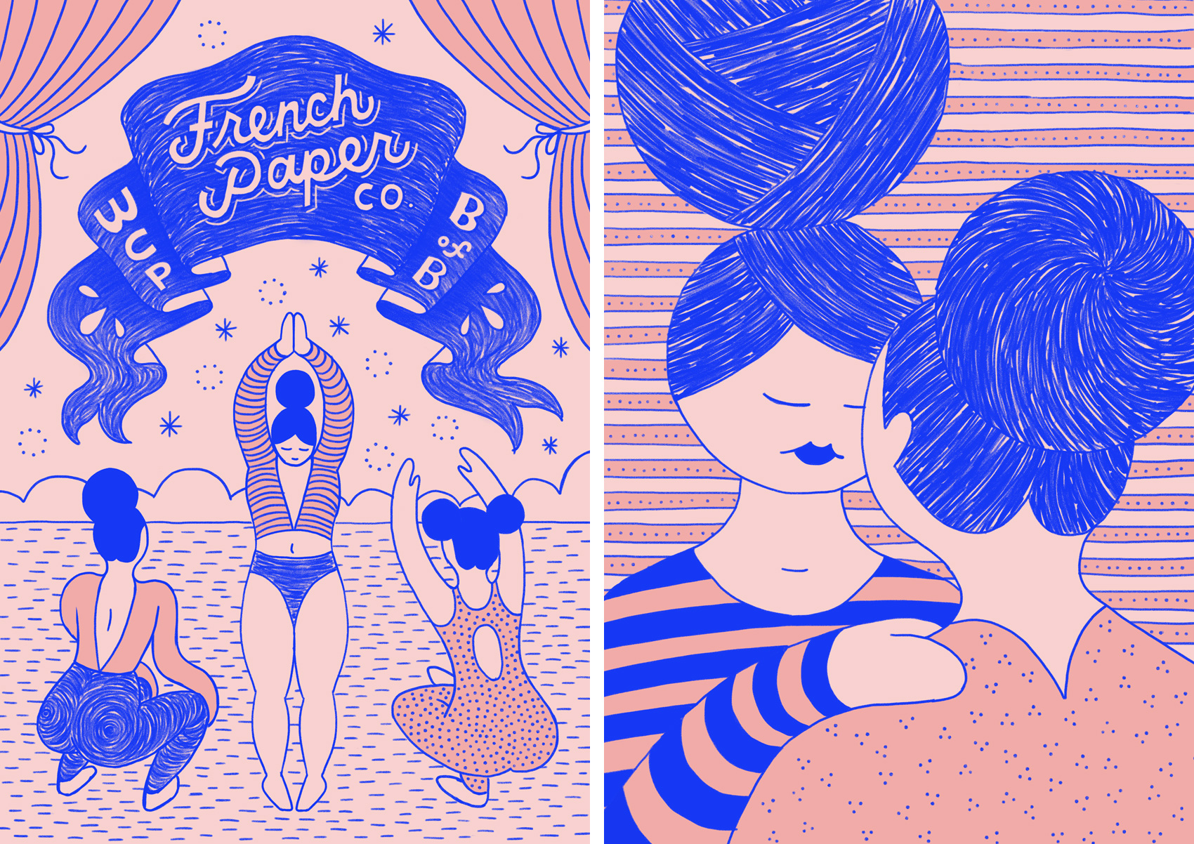 Trio of framed posters, blue ink on pink paper, of french circus performers. Left image is three women under a banner (French Paper Company), right image is two women chatting closely.