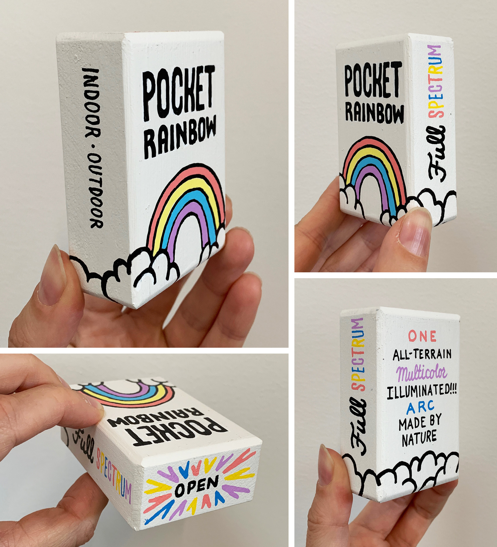 Small painted wooden box to resemble a package - of a Pocket Rainbow. One full-spectrum indoor / outdoor, all-terrain, multicolor, illuminated arc made by nature.